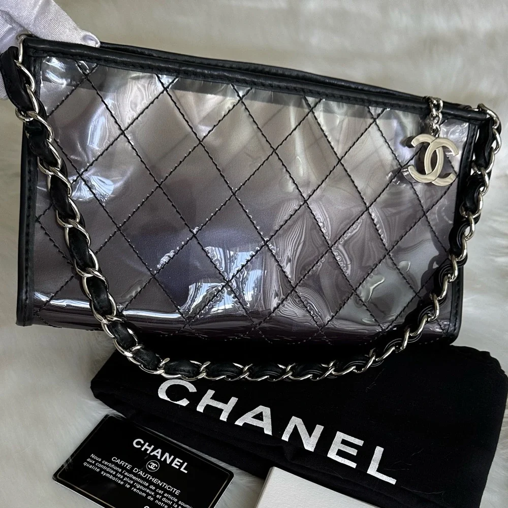 CHANEL Silver Quilted PVC Shoulder Bag with Black Trim